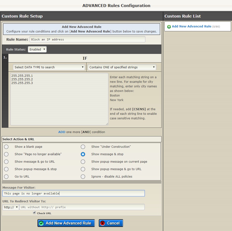 advanced ip blocking rule configuration