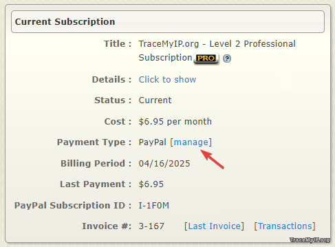 tracemyip recurring paypal subscription status